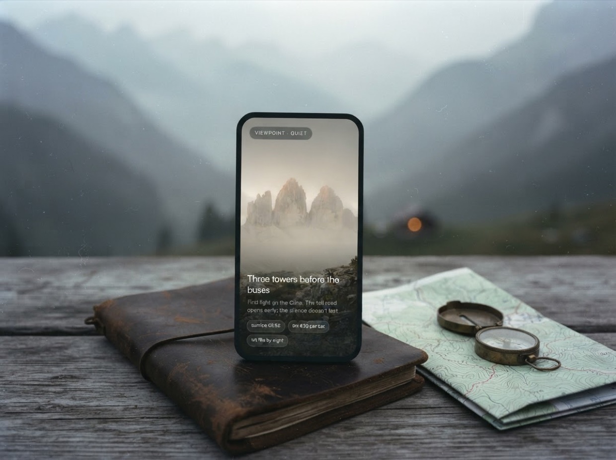 A phone showing an Atra place card, resting on a leather travel journal beside a hiking map and compass, a misty alpine valley behind